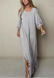 Plus Size Solid Long Sleeve V-Neck Slit Loose Maxi Dress