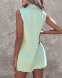 Trendy Rhinestone Green Sleeveless Blazer + Shorts Two Piece Set