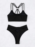 Black Ribbed Strappy Back Hollow Sexy Bikini Swimwear
