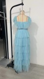 Blue Tulle Ruffles Layered Party Maxi Dress