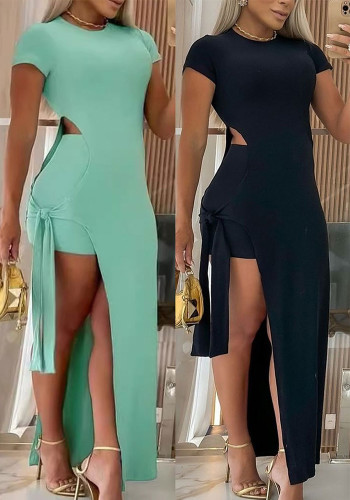 Sexy Solid Hollow Stretch Slit Tie Side Irregular Long Dress Shorts Two Piece Set