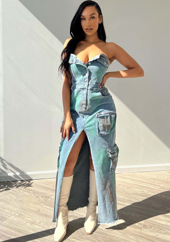 Sexy Strapless Tie-Dye Slit Cargo Denim Dress