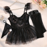 Black Lace Mesh Patchwork Sexy Lingerie Set With Stockings