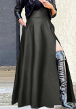 Plus Size Black PU Leather Zipper Slit Long Skirt