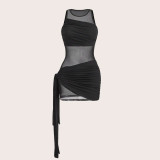 Sexy Black Sleeveless Irregular Mesh Patchwork See-Through Club Dress