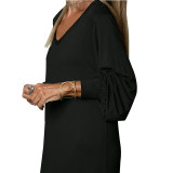 Plus Size Solid Long Sleeve V-Neck Slit Loose Maxi Dress