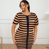 Plus Size Striped Print Short Sleeve Round Neck Bodycon Midi Dress