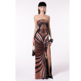 Sexy Printed Strapless Low Back Slit Lace-Up Maxi Dress