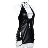 Black PU-Leather Studded Hollow Halter Backless Nightdress Sexy Lingerie