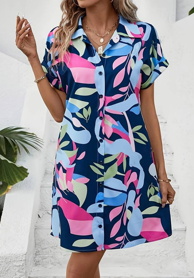 Fashion Printed Casual Short Sleeve Button Shirt Dress