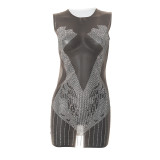 Rhinestone Round Neck Sleeveless Patchwork Mesh Sexy Club Dress