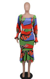 Fashion Square Neck Printed Long Sleeve Slim Mermaid Dress