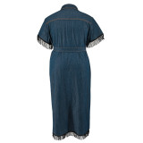 Plus Size Short Sleeve Tassel Buttoned Casual Dress with Belt