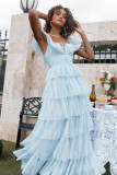 Blue Tulle Ruffles Layered Party Maxi Dress