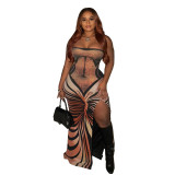 Sexy Printed Strapless Low Back Slit Lace-Up Maxi Dress