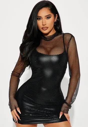 Fishnet Black Long-sleeve Cami Sexy Mini Bodycon Two Piece Dress