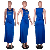 Printed Hollow Cross Sleeveless Slit Maxi Dress