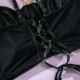 Sexy Lingerie Four Piece Set See-Through Mesh Skirt With Halter Neck Chain Gloves