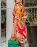 Tassel Printed Short Sleeve V-Back Bodycon Dress
