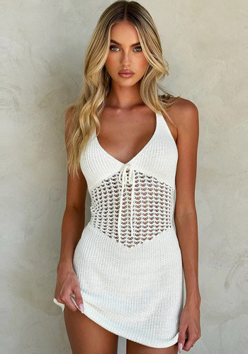 Sexy Knitting Hollow Out V-Neck Halter Backless Mini Dress