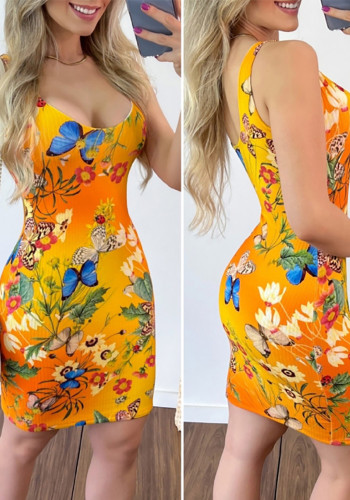 Yellow Sleeveless Butterfly Printed Sundress