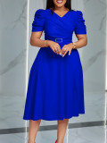 Solid Chic V-Neck Puff Sleeve Casual Dress with Belt