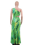 Leaf Print Cut Out Slash Shoulder Slit Maxi Dress