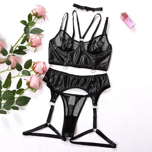 Plus Size PU Leather Fishnet See-Through Sexy Lingerie 2PCS Set