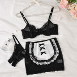 Sexy Maid Cosplay Lingerie See-Through White Lace Contrast Uniform 3 Piece Set