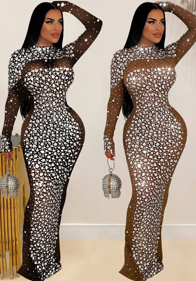 Solid Rhinestone Mesh Long Sleeve Maxi Evening Dress