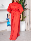 Solid Bell Bottom Sleeve Buttoned Belted Loose Maxi Dress