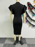 Sexy Solid Black Ruffled Sleeve Bodycon Midi Dress