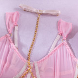Sexy Lingerie Four Piece Set See-Through Mesh Skirt With Halter Neck Chain Gloves