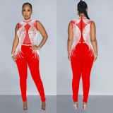 Fashion Contrast Color Rhinestone Mesh Sleeveless Jumpsuit