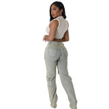 Washed Cargo Zipper Casual Stretchy Jeans Denim Pants