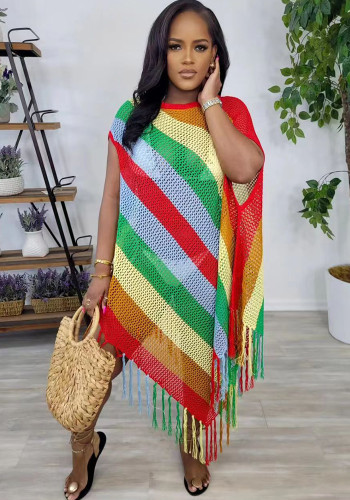 Colorful Striped Fringe Asymmetric Beach Dress