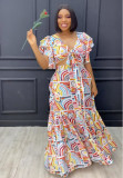 Sexy Printed Ruffle Tie Front Top and Maxi Skirt 2PCS Set