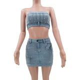 Fashionable Denim Two Pieces Stretchy Beading Bandeau Top and Skirt Set