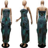 Sexy Strapless Tie-Dye Slit Cargo Denim Dress