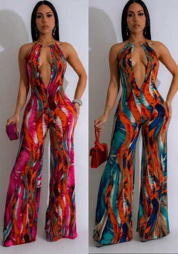 Casual Halter Plunge Neck Printed Sexy Jumpsuit