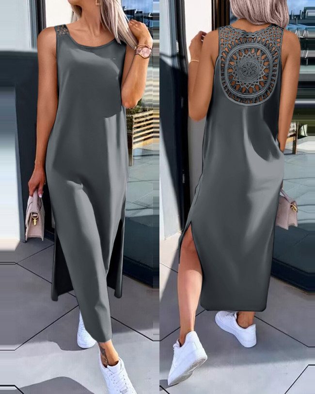 Solid Sleeveless Slit Casual Long Dress
