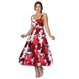 Red Rose Printed Chic Elegant Swing Dress