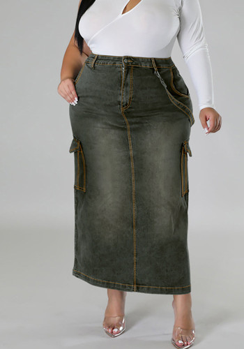Plus Size Trendy Denim Strap Long Slit Skirt