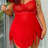 Plus Size Red Lace Mesh Cami Ruffle Nightgown Sexy Lingerie
