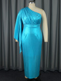 Blue One-Shoulder Pleated Sleeve Long Party Dresses