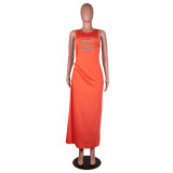 Printed Hollow Cross Sleeveless Slit Maxi Dress