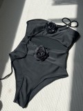 Drawstring Hollow Solid Flower Halter One-Piece Swimwear