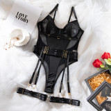 Sexy Black Bodysuit with Belt and Leg Rings Garter Sexy Lingerie Three-Piece