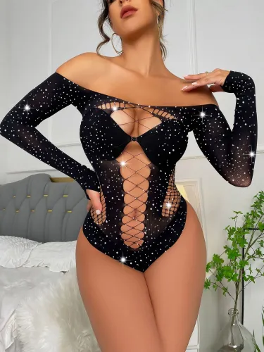 Rhienstone Hollow Mesh Sexy Lingerie Long Sleeve Bodysuit
