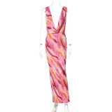 Sexy Plunge Neck Printed Sleeveless Maxi Dress